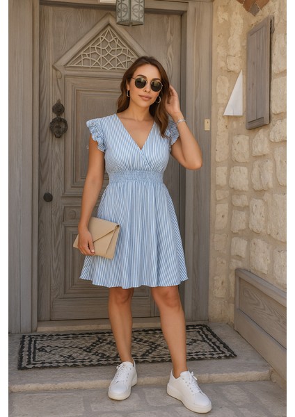 Kadın Kısa Kollu Kruvaze Yakalı Poplin Elbise