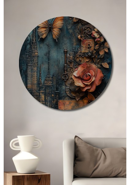 Ahşap Dekoratif Tablo Gızemlı Bahçe Kelebek ve Gül Yağlı Boya Görünümlü Sanat Eseri Yuvarlak Tablo