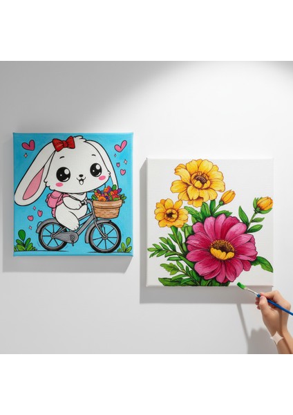 TATİL-KARNE HEDİYESİ 2'li Tuval Boyama Seti 20X20 cm Uv Baskı 6 Akrilik Boya 1 FIRÇA-MODEL-316