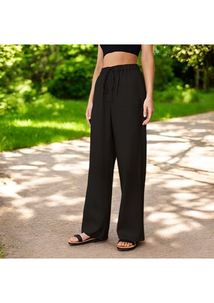 Günlük Beli Bağzıklı Keten Pantolon