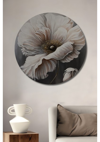 Beyaz Haşhaş Çiçeği Yağlı Boya Görünümlü Ahşap Dekoratif Tablo Yuvarlak Tablo