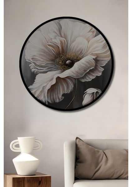 Beyaz Haşhaş Çiçeği Yağlı Boya Görünümlü Ahşap Dekoratif Tablo Yuvarlak Tablo fiyatları