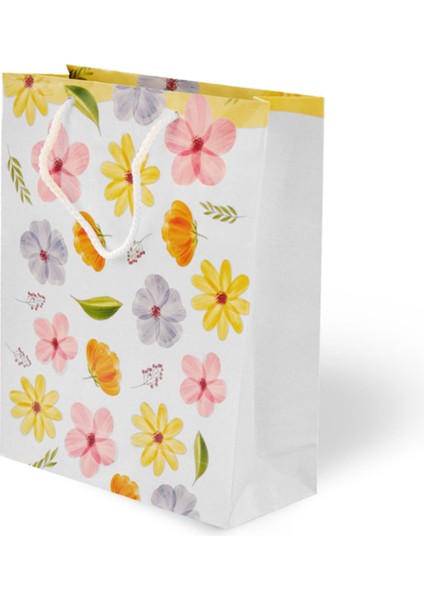 Renkli Çiçek Desenli Karton Çanta 25X30X9 cm 10 Adet