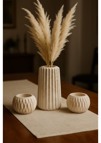 Çizgili Vazo ve 2li Saksı Seti- Kahve Mermer Desenli