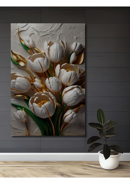 Altın Vurgulu Beyaz Lale Buketi Yağlı Boya Görünümlü Dekoratif Ahşap Tablo Dikdörtgen Tablo