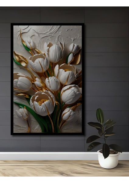 Altın Vurgulu Beyaz Lale Buketi Yağlı Boya Görünümlü Dekoratif Ahşap Tablo Dikdörtgen Tablo fiyatları