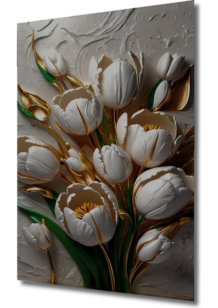 Altın Vurgulu Beyaz Lale Buketi Yağlı Boya Görünümlü Dekoratif Ahşap Tablo Dikdörtgen Tablo modelleri