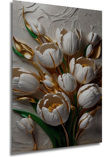 Altın Vurgulu Beyaz Lale Buketi Yağlı Boya Görünümlü Dekoratif Ahşap Tablo Dikdörtgen Tablo fırsatları