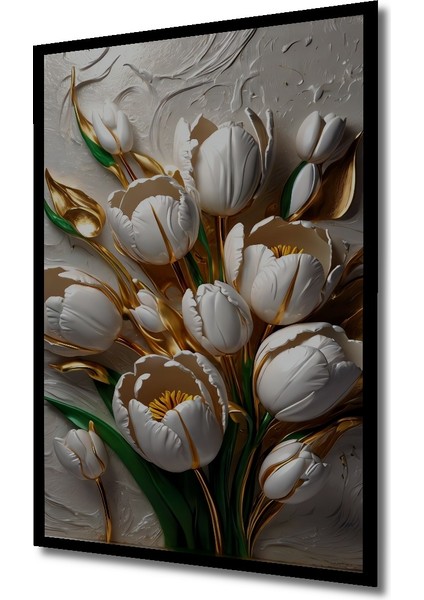 Altın Vurgulu Beyaz Lale Buketi Yağlı Boya Görünümlü Dekoratif Ahşap Tablo Dikdörtgen Tablo indirimleri