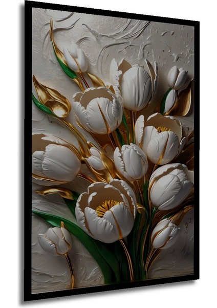 Altın Vurgulu Beyaz Lale Buketi Yağlı Boya Görünümlü Dekoratif Ahşap Tablo Dikdörtgen Tablo