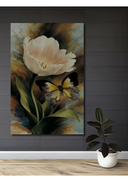 Beyaz Lale Kelebek Yağlı Boya Görünümlü Sanat Dekoratif Ahşap Tablo Dikdörtgen Tablo