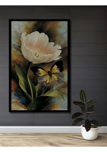 Beyaz Lale Kelebek Yağlı Boya Görünümlü Sanat Dekoratif Ahşap Tablo Dikdörtgen Tablo fiyatları