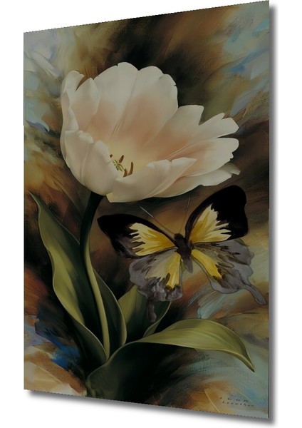 Beyaz Lale Kelebek Yağlı Boya Görünümlü Sanat Dekoratif Ahşap Tablo Dikdörtgen Tablo modelleri