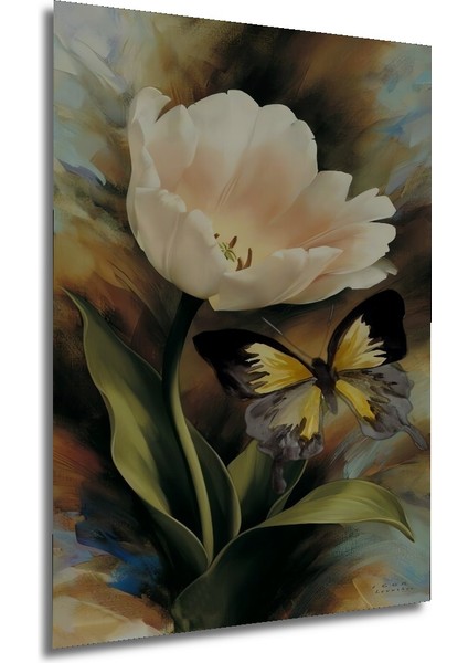Beyaz Lale Kelebek Yağlı Boya Görünümlü Sanat Dekoratif Ahşap Tablo Dikdörtgen Tablo fırsatları