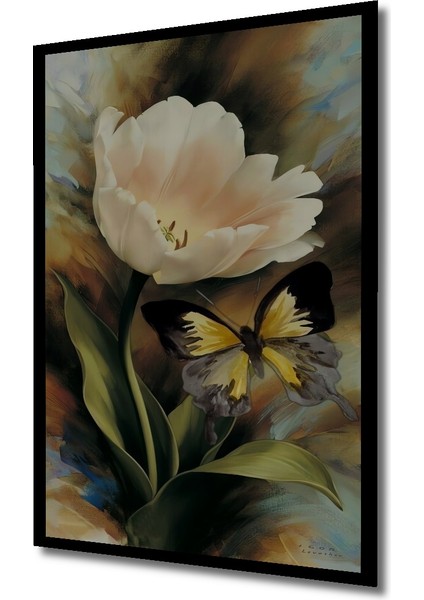 Beyaz Lale Kelebek Yağlı Boya Görünümlü Sanat Dekoratif Ahşap Tablo Dikdörtgen Tablo indirimleri