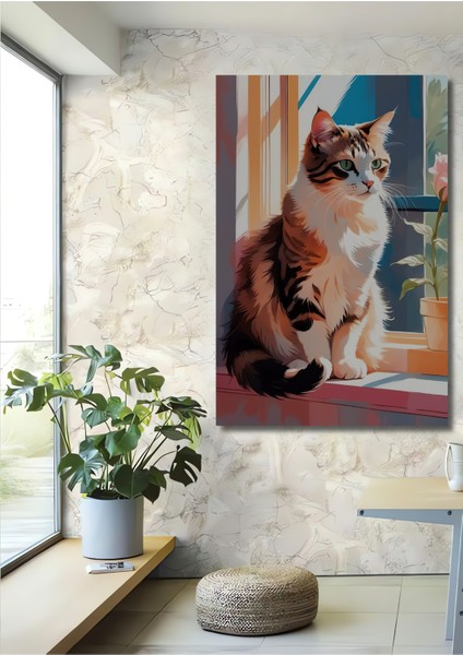 Sevimli Kedi Pencere Kenarında Yağlı Boya Görünümlü Ahşap Dekoratif Tablo Dikdörtgen Tablo