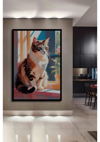 Sevimli Kedi Pencere Kenarında Yağlı Boya Görünümlü Ahşap Dekoratif Tablo Dikdörtgen Tablo fiyatları