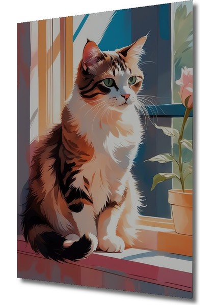 Sevimli Kedi Pencere Kenarında Yağlı Boya Görünümlü Ahşap Dekoratif Tablo Dikdörtgen Tablo modelleri