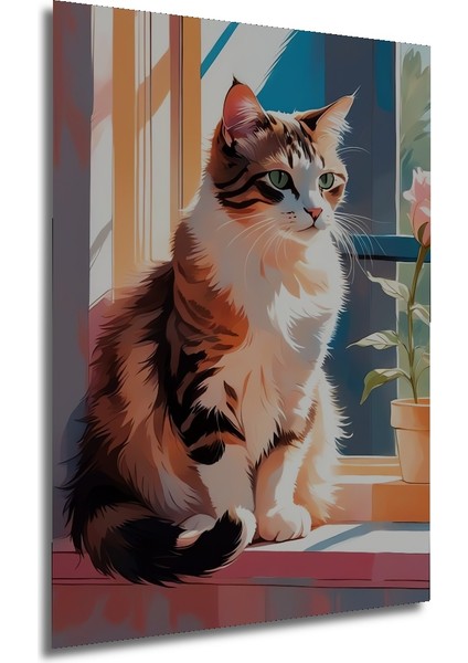Sevimli Kedi Pencere Kenarında Yağlı Boya Görünümlü Ahşap Dekoratif Tablo Dikdörtgen Tablo fırsatları