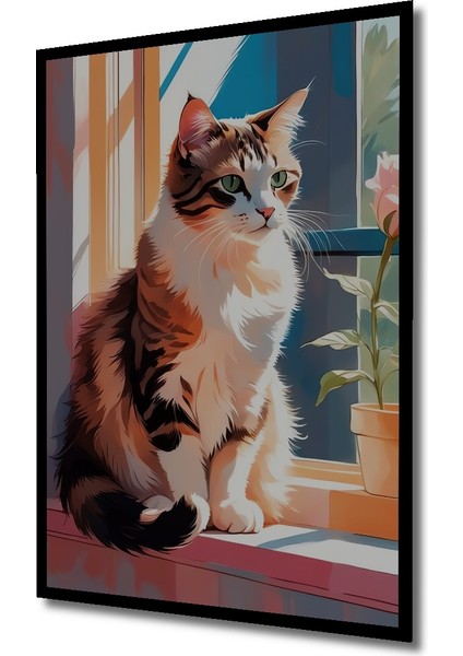 Sevimli Kedi Pencere Kenarında Yağlı Boya Görünümlü Ahşap Dekoratif Tablo Dikdörtgen Tablo indirimleri