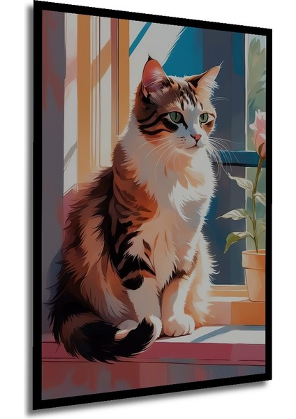 Sevimli Kedi Pencere Kenarında Yağlı Boya Görünümlü Ahşap Dekoratif Tablo Dikdörtgen Tablo