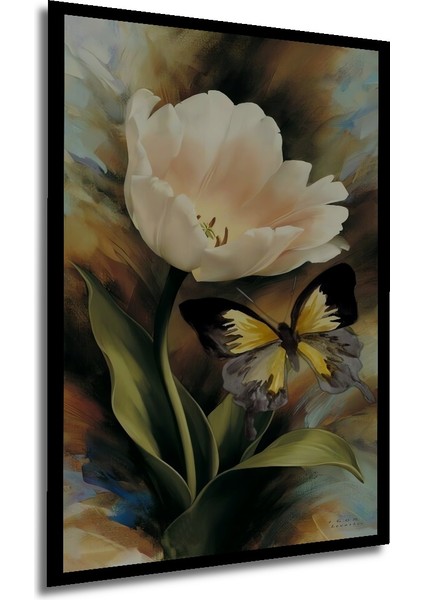 Beyaz Lale Kelebek Yağlı Boya Görünümlü Sanat Dekoratif Ahşap Tablo Dikdörtgen Tablo