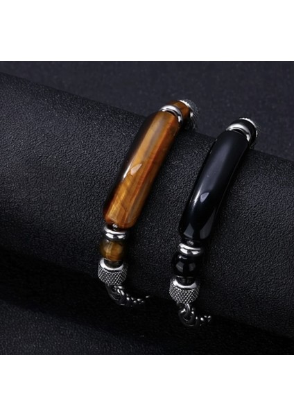 Erkek Doğal Taş Bileklik | Kaplan Gözü ve Obsidyen Taş Kombinli Çelik Detaylı Şık Tasarım modelleri