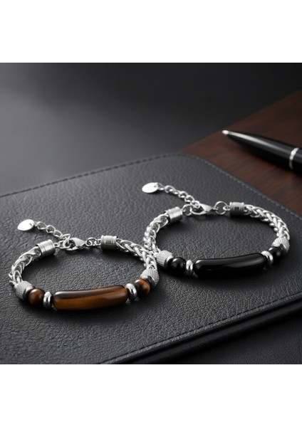 Erkek Doğal Taş Bileklik | Kaplan Gözü ve Obsidyen Taş Kombinli Çelik Detaylı Şık Tasarım fırsatları