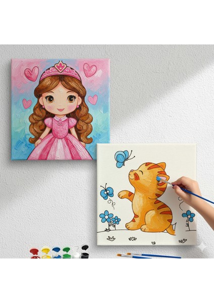 TATİL-KARNE HEDİYESİ 2'li Tuval Boyama Seti 20X20 cm Uv Baskı 6 Akrilik Boya 1 FIRÇA-MODEL-338