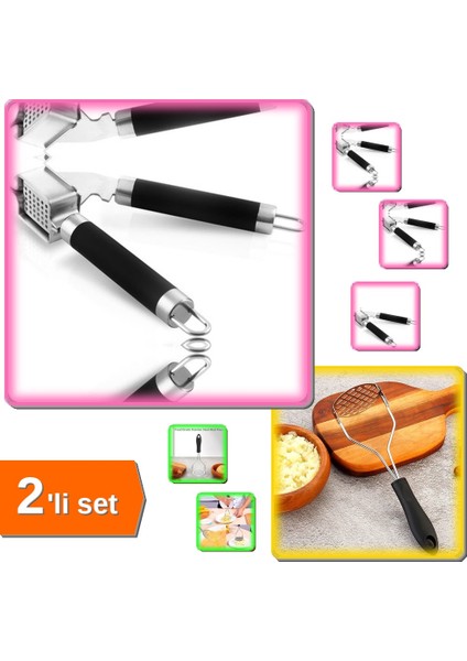Renkli Plastik Saplı Patates Ezici + Lüx Çelik Sarımsak Ezici - 2li Set ABC456