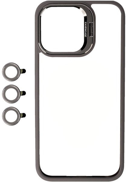 iPhone 15 Pro Max Uyumlu Kamera Lens Korumalı Standlı Spıa Klon Lensli Kapak-Gri