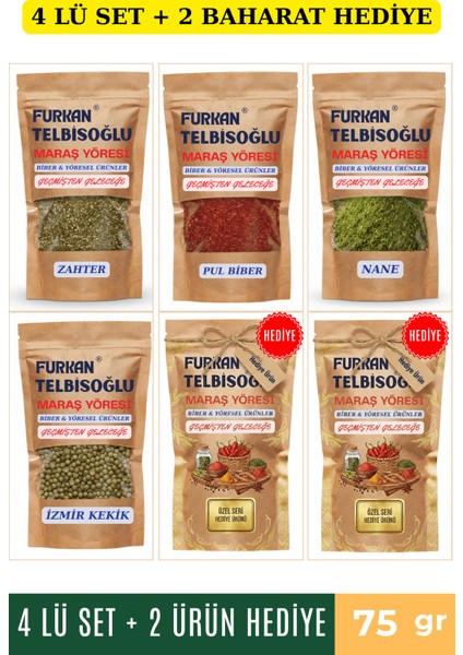 Organik Zahter 75GR + Pul Biber 75GR + Nane 75GR + Organik Izmir Kekik 75GR + 2 Baharat Hediye