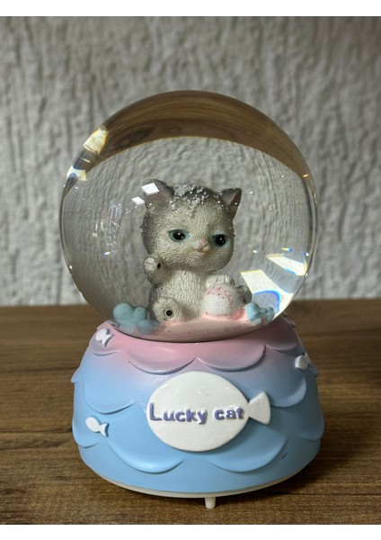 Şanslı Kedicik Temalı Işıklı Müzikli Pilli Orta Boy Kar Küresi Dekoratif Hediyelik Eşya Müzik Kutusu