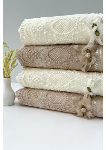 50X90 4'lü %100 Pamuklu Kadife Dantelli Güpürlü Fiyonklu Çeyizlik El ve Yüz Havlusu