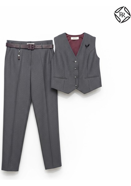 Kadın Rahat Kalıp Kemerli Pantolon Yelek Ikili Takım Şık Günlük Model