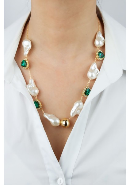 Barok Inci Yeşil Kristal Detay Kadın Kolye