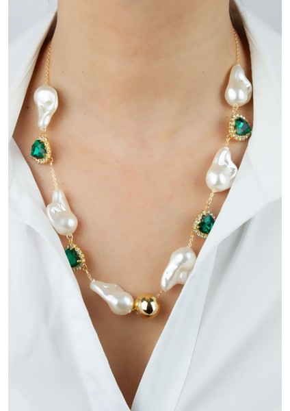 Barok Inci Yeşil Kristal Detay Kadın Kolye fiyatları