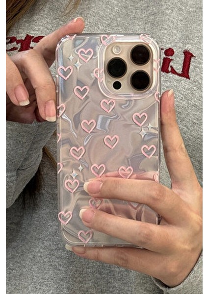 Apple iPhone 14 Pro Max Uyumlu Hologram Pembe Kalp Desenli Silikon Kılıf Darbeye Dayanıklı, Kapak