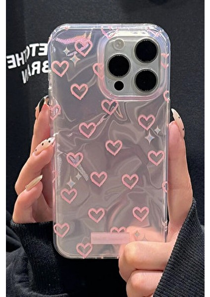 Apple iPhone 14 Pro Max Uyumlu Hologram Pembe Kalp Desenli Silikon Kılıf Darbeye Dayanıklı, Kapak