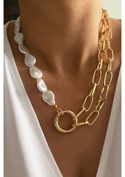 Barok Inci Zincir Gold Kolye