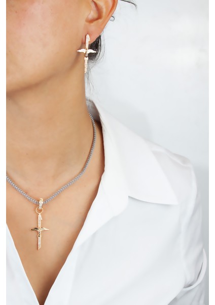 Baget Zirkon Taşlı Melek Kanatlı Kolye Küpe Set