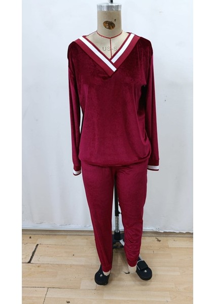 Aknbutik Kadın Uzun Kollu V Yaka Kadife Bluz ve Pantolon Ikili Takım fırsatları