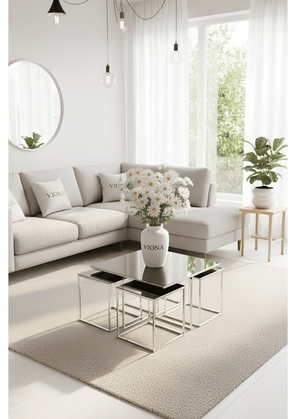 Meva 5'li Krom Kaplama Füme Aynalı Orta Sehpa & Zigon Sehpa & Yan Sehpa & Bohem Sehpa Takımı