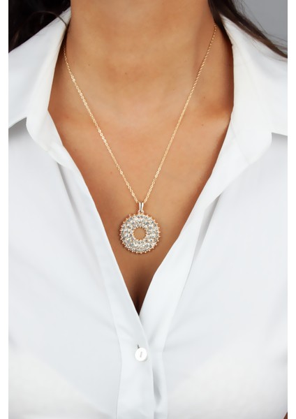 Zirkon Taşlı Büyük Yuvarlak Uçlu Ince Zincir Gold Kolye