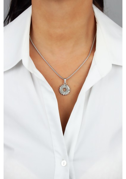 Zirkon Taşlı Küçük Yuvarlak Uçlu Gümüş Renk Çelik Kolye