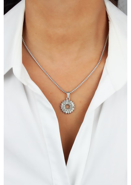 Zirkon Taşlı Küçük Yuvarlak Uçlu Gümüş Renk Çelik Kolye fiyatları