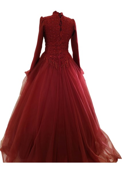 Bordo A-Line Tesettür Abiye Nişanlık