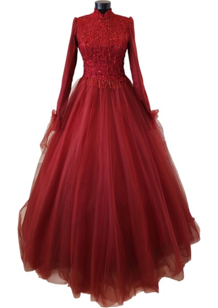 Bordo A-Line Tesettür Abiye Nişanlık modelleri