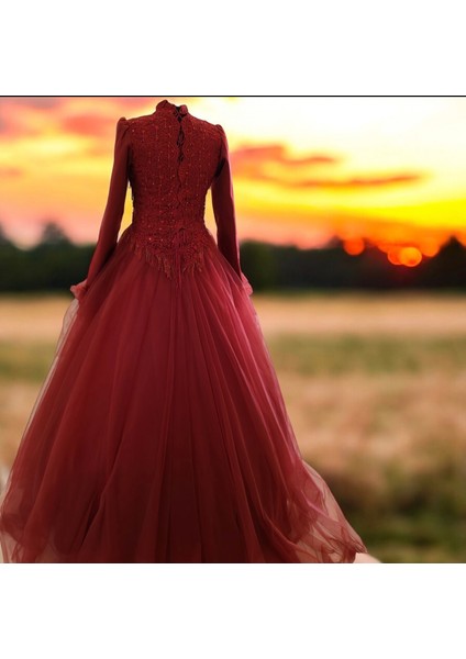 Bordo A-Line Tesettür Abiye Nişanlık indirimleri