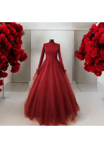 Bordo A-Line Tesettür Abiye Nişanlık